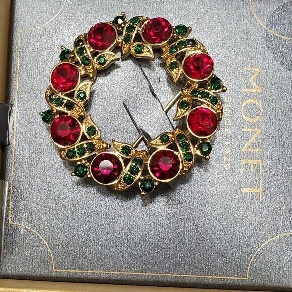 Monet gold tone red and green rhinestone brooch - Picture 2 of 5